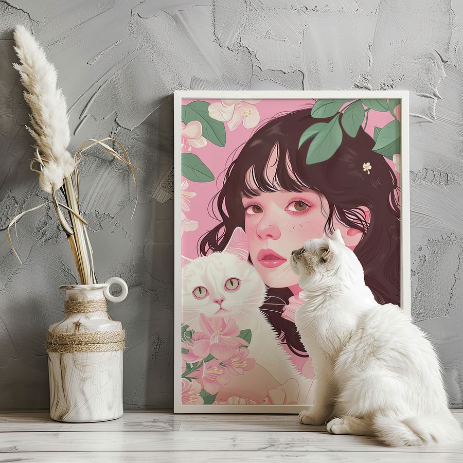 Girl with White Cat Portrait Coquette Art Print product image (19)