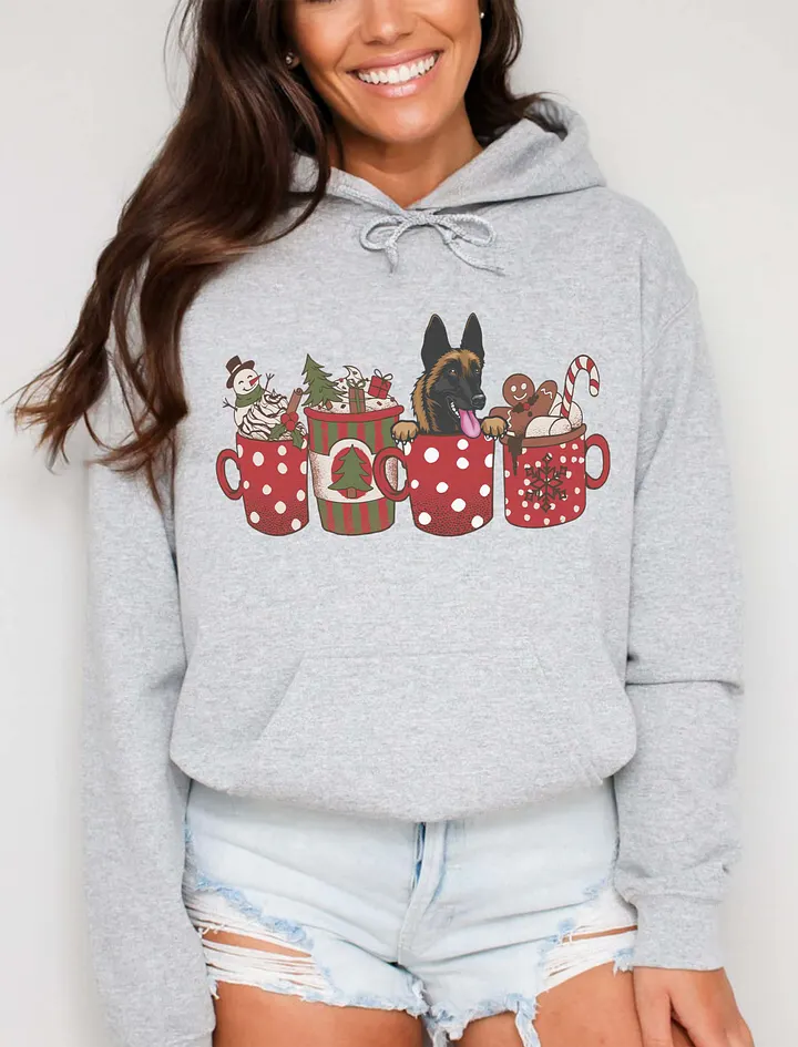 Cute Belgian Malinois in a Christmas Cup Hooded Sweatshirt | Funny Christmas Pup in a Cup product image (21)