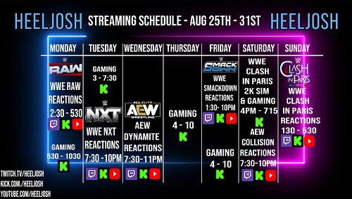 Clash in Paris week stream schedule! 

Note: Raw and SmackDown are early this week!!!

#wwe #aew #wweraw #wwesmackdown #aewdy...