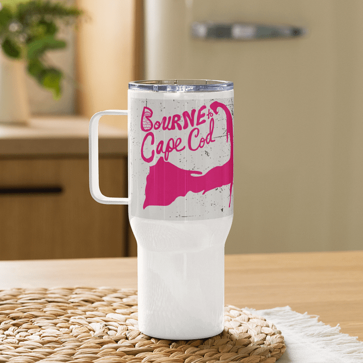 BOURNE to Cape Cod™ | Allcolor 267 | Stainless Steel Travel Mug with Handle | Insulated, Spill-Proof, Coastal Adventure Style | Pink Logo on Patriotic Pastels product image (1)