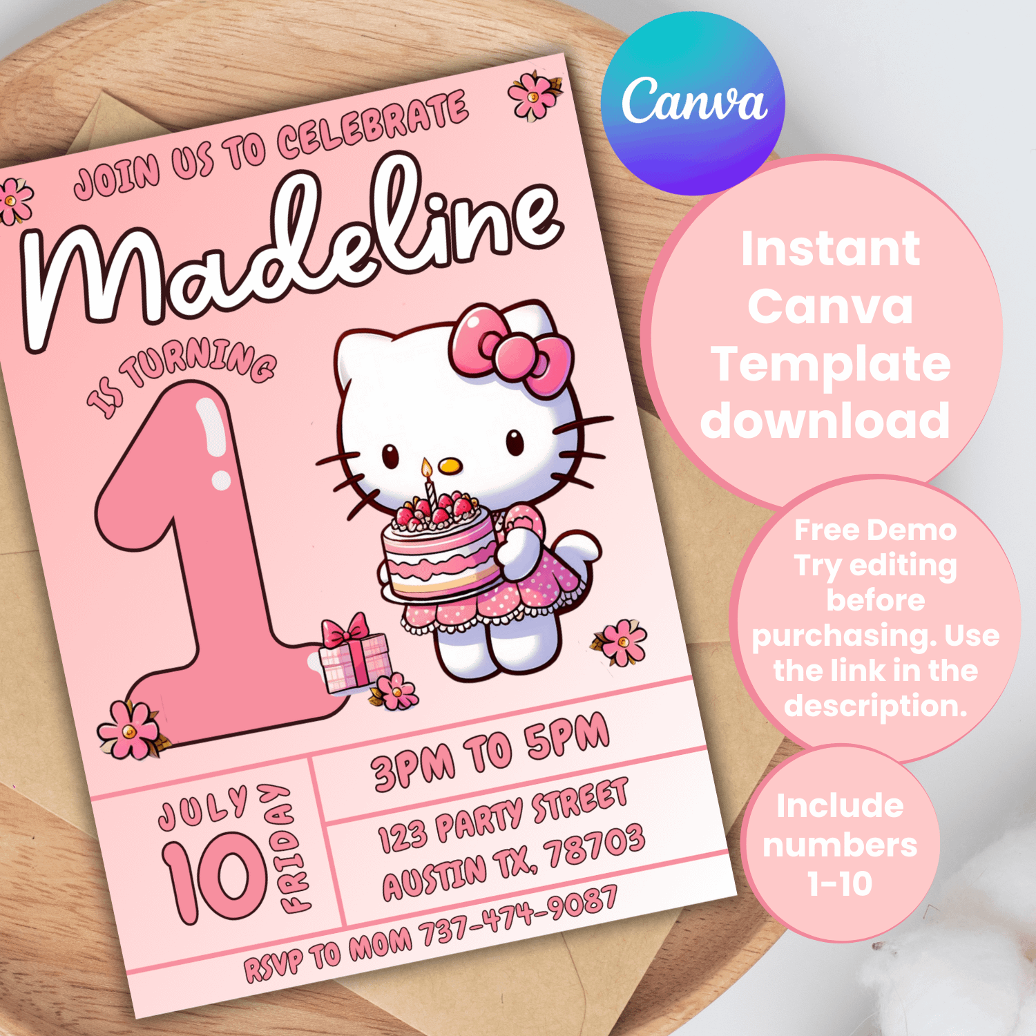 Hello Kitty Party Invitation Canva Template | Fully Customizable | Adorable Design | Easy to Edit | Perfect for Kids’ Celebrations product image (1)