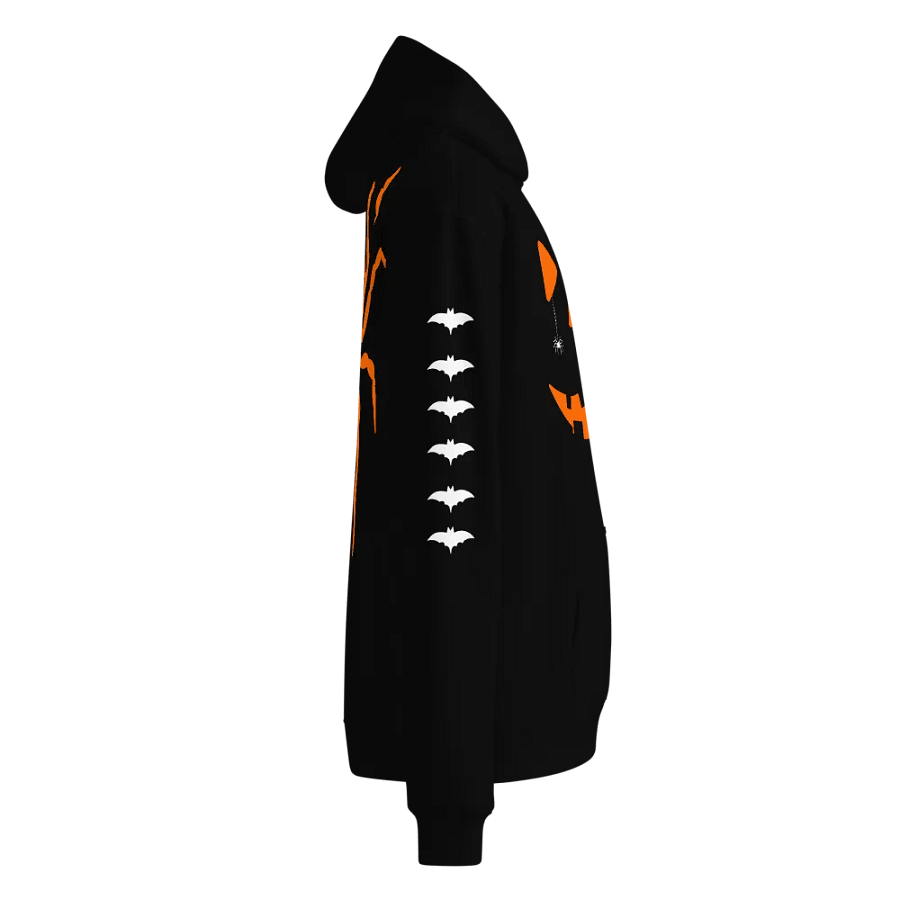 Cozy Halloween Hoodie Featuring Pumpkin Smile, Large Spider on the Back, Bats on One Sleeve, and Skulls on the Other - Perfect for Fall Celebrations and Trick-or-Treating! product image (6)