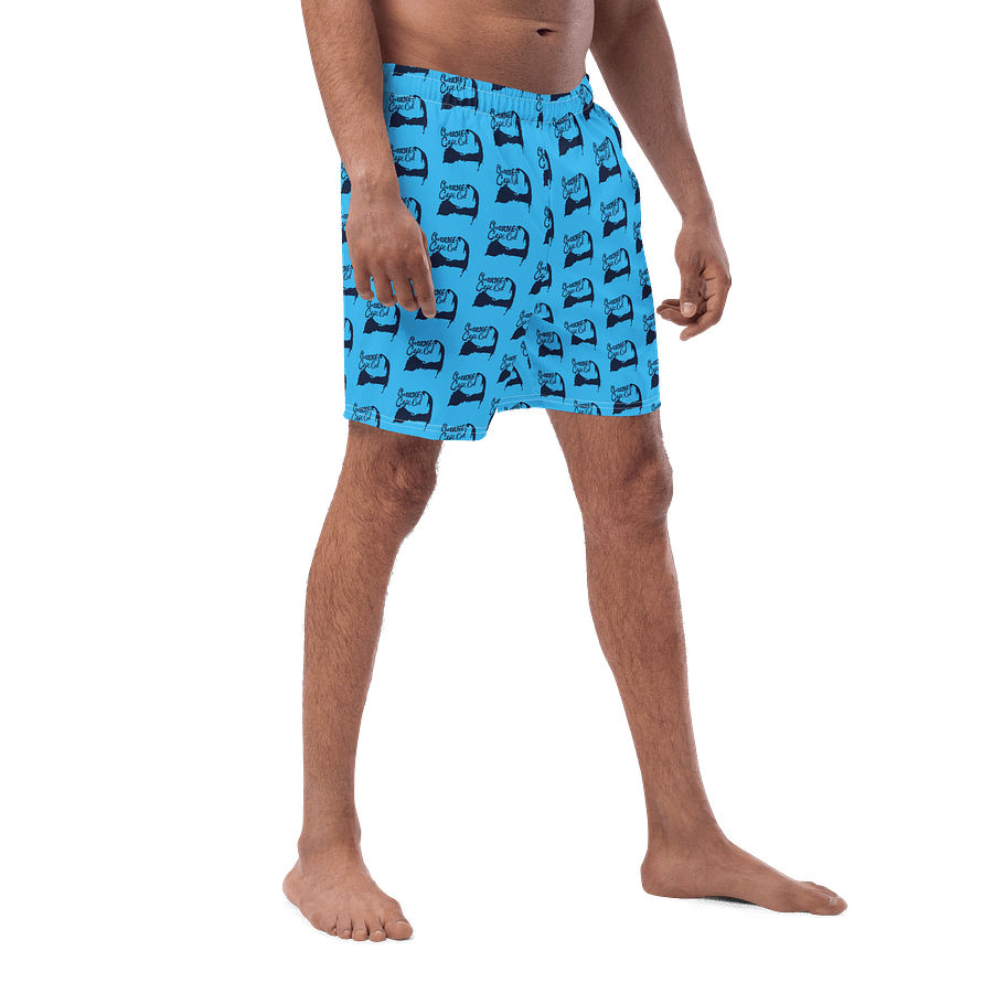 BOURNE to Cape Cod™ All-Over Logo Swim Trunks | Men's UPF 50+ Quick-Dry Coastal Shorts | Navy Logo Repeat Pattern on Deep Sky Blue product image (3)
