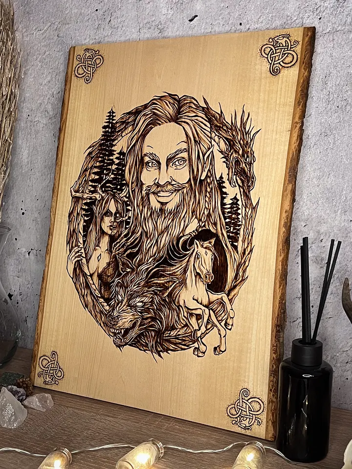 Loki and his children - pyrography on basswood / linden product image (1)