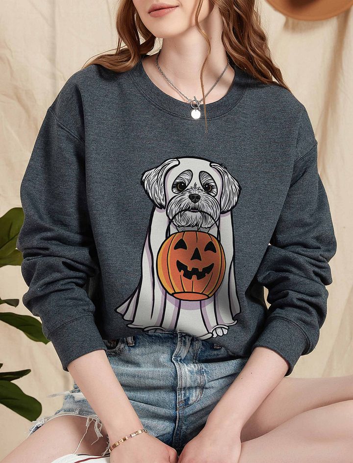 Funny Halloween Maltese Sweatshirt | Funny Maltese Wearing a Ghost Costume and Holding a Pumpkin Basket product image (5)