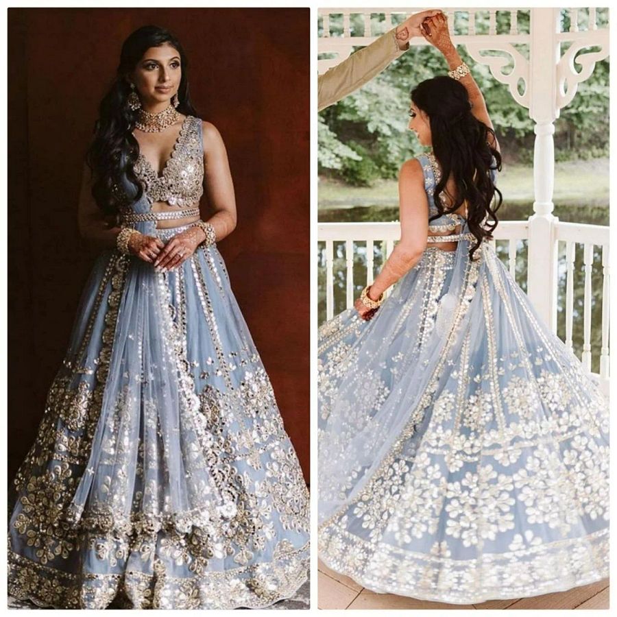 Grey Net Foil Embroidery Indian Party Wear Lehenga Lengha Choli Pakistani Skirt product image (1)