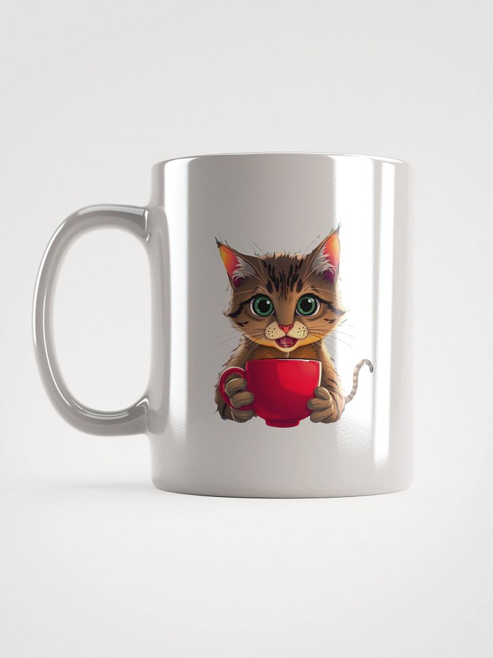 White Glossy Mug-Cat with a Cup of Coffee product image (1)