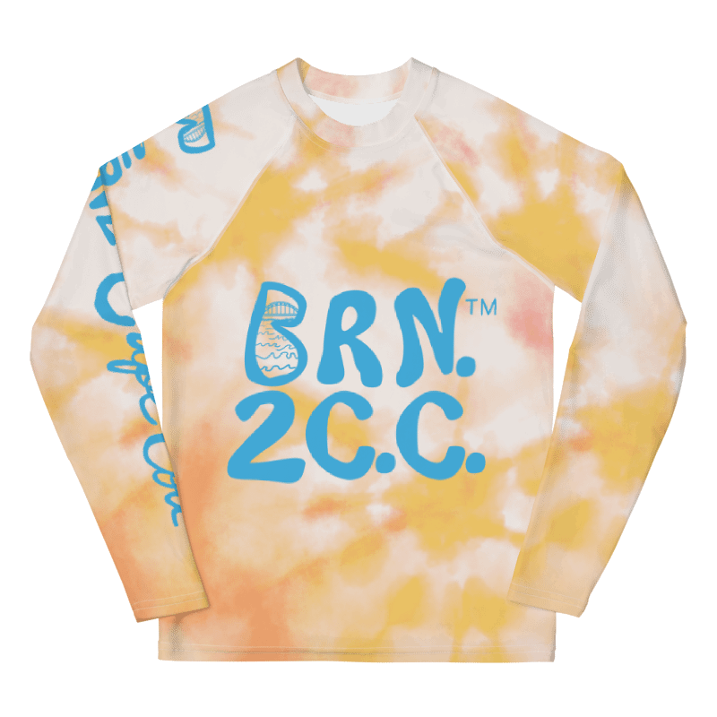 YOUTH | Rash Guard | BRN.2C.C.™ Front Graphic | BOURNE to Cape Cod™ Sleeve & Back Logo | Coastal Swim Shirt for Kids | UV Protection Activewear | Blue Logo on Orange Tie-Dye product image (8)