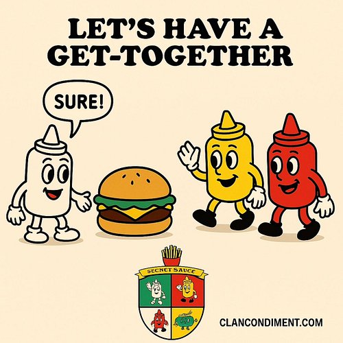 🍔✨ LET'S HAVE A GET-TOGETHER ✨🍔
Mayo’s in. Mustard’s pumped. Ketchup’s bringing the heat.
And the burger? Just vibing. 😎

Whe...