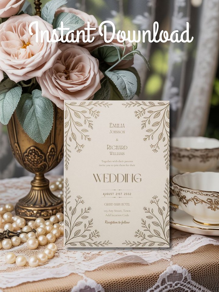 Editable Vintage Wedding Invitations | Edit in Canva | Instant Download Template | Beige Gold product image (2)