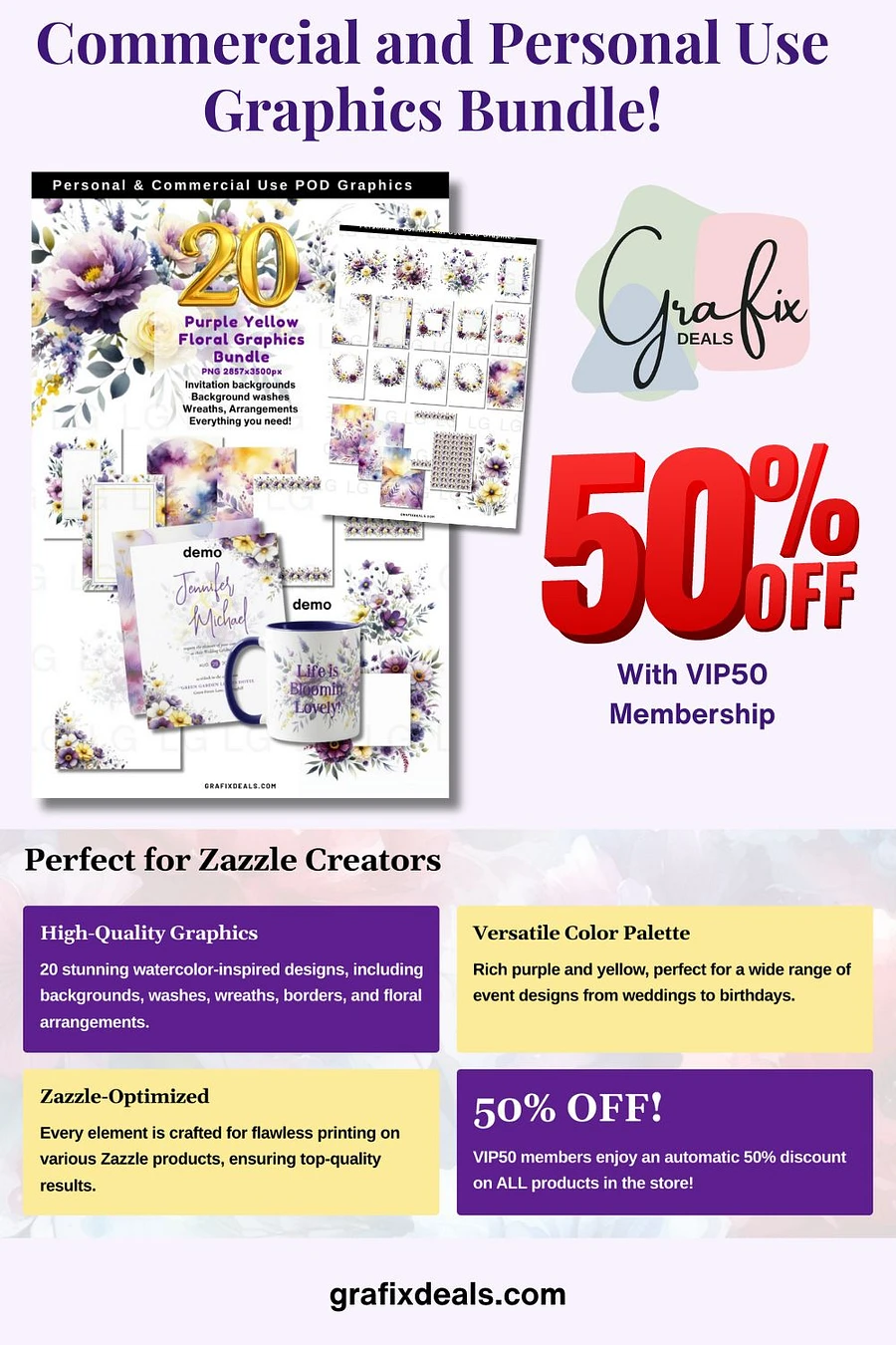 Purple Yellow Floral Graphics Bundle Commercial POD Use Clipart. 50% off for VIP50 Members! product image (3)