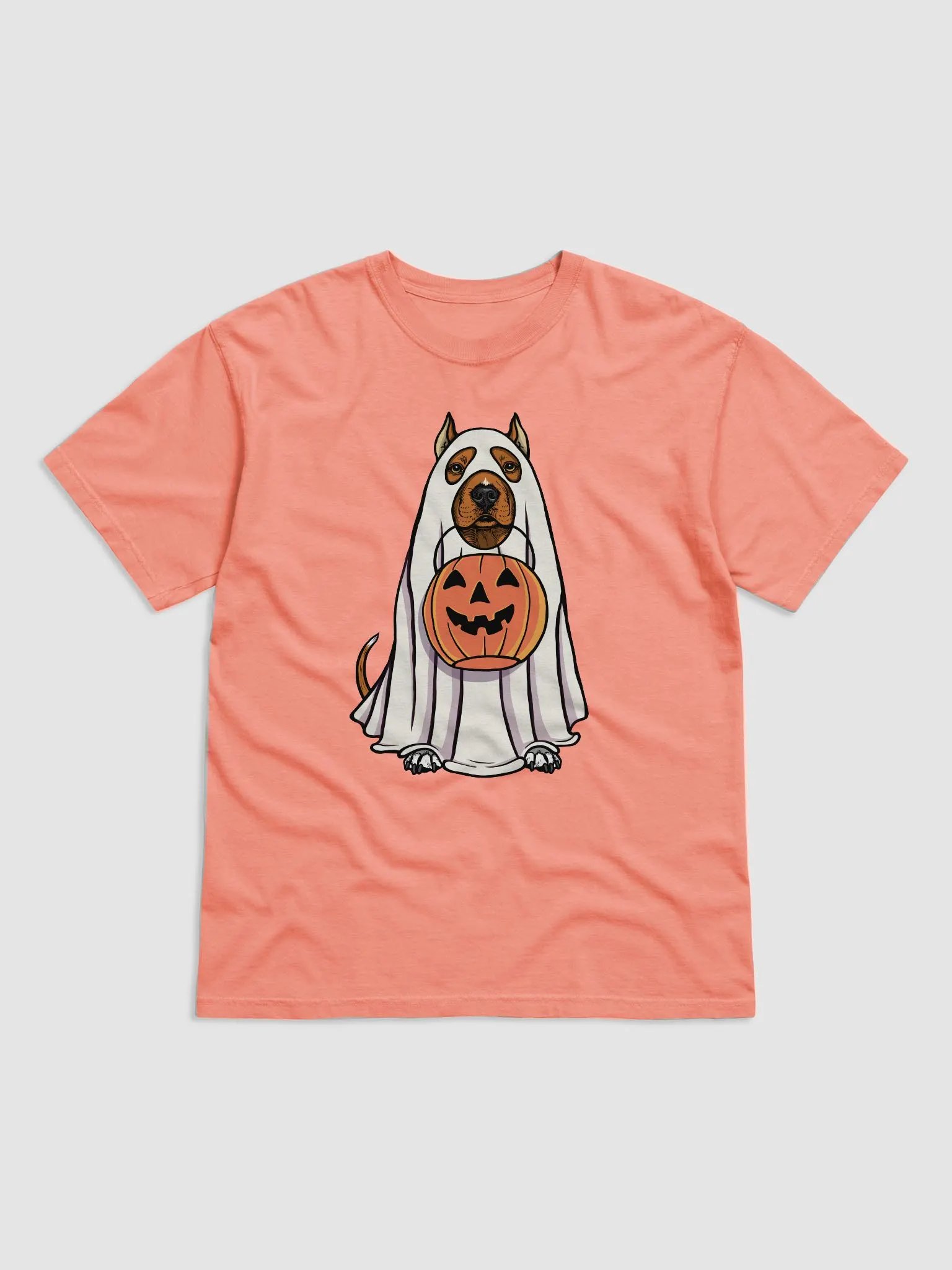 Funny Halloween Pitbull Terrier(Cropped Ears, Red) T-Shirt | Funny Pittie Wearing a Ghost Costume and Holding a Pumpkin Basket product image (22)