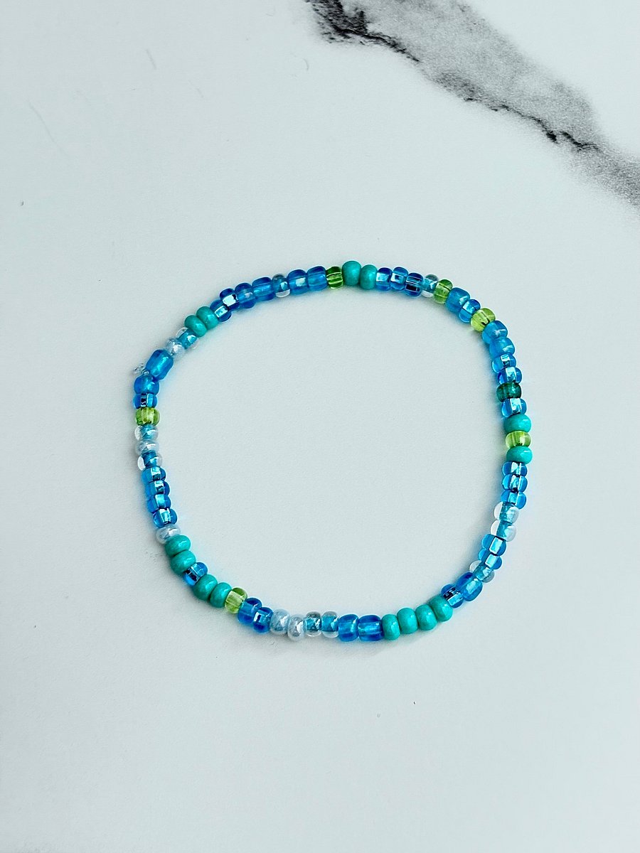 Turquoise, Aqua, Greens & Blues | Seed Beaded Bracelet | Handmade 8" Coastal Charm by Monique Faella Designs™ | MFD-00046 product image (4)