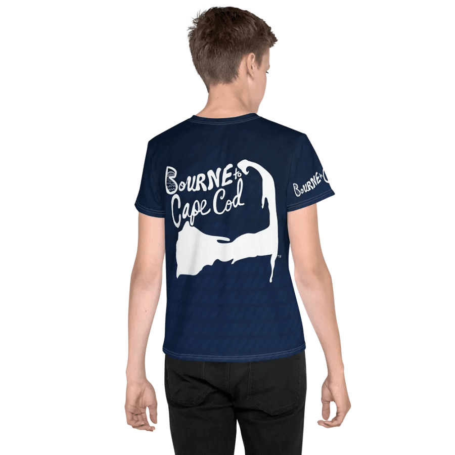 🦈 YOUTH | Boys’ | BOURNE to Cape Cod™ | Logo Tee – All-Over Print | BRN.2C.C.™ | Coastal Explorer Edition 🧭| White Logo on Dark Blue Abstract product image (2)