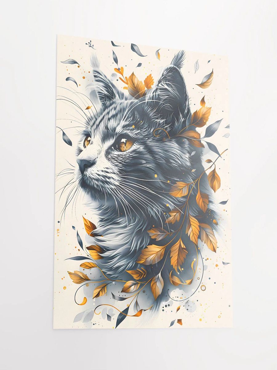 Whimsical Autumn Embrace: Majestic Cat Amidst Golden Leaves Illustration Matte Poster product image (4)