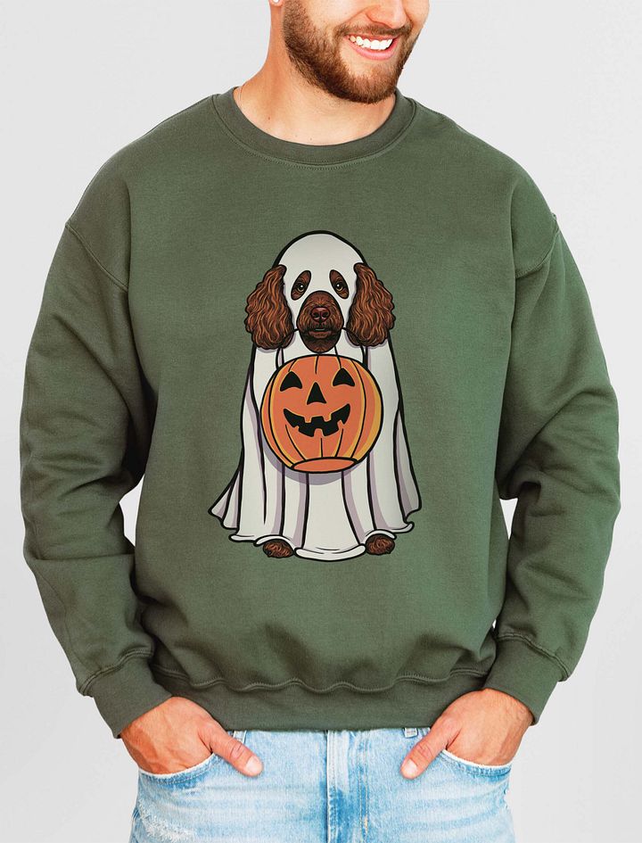 Funny Halloween Mini Poodle(Brown) Sweatshirt | Funny Poodle Wearing a Ghost Costume and Holding a Pumpkin Basket product image (15)