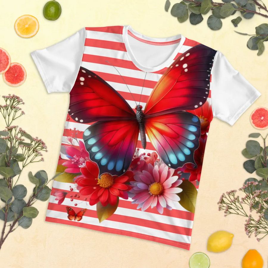 Vibrant Butterfly Paradise Red Stripped Women's T-Shirt product image (5)