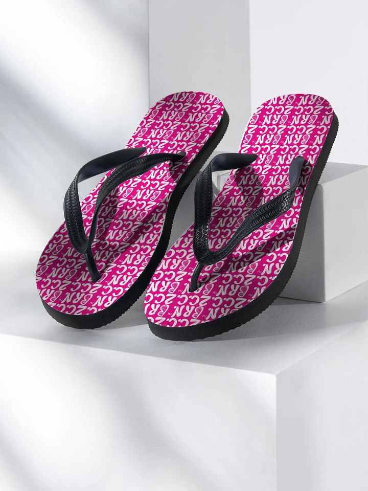 BOURNE to Flip Flop™ | Cape Cod Vibes for Your Soles | Mini BRN.2C.C. Logo Repeat Sandals | White Logo on Vibrant Pink product image (1)