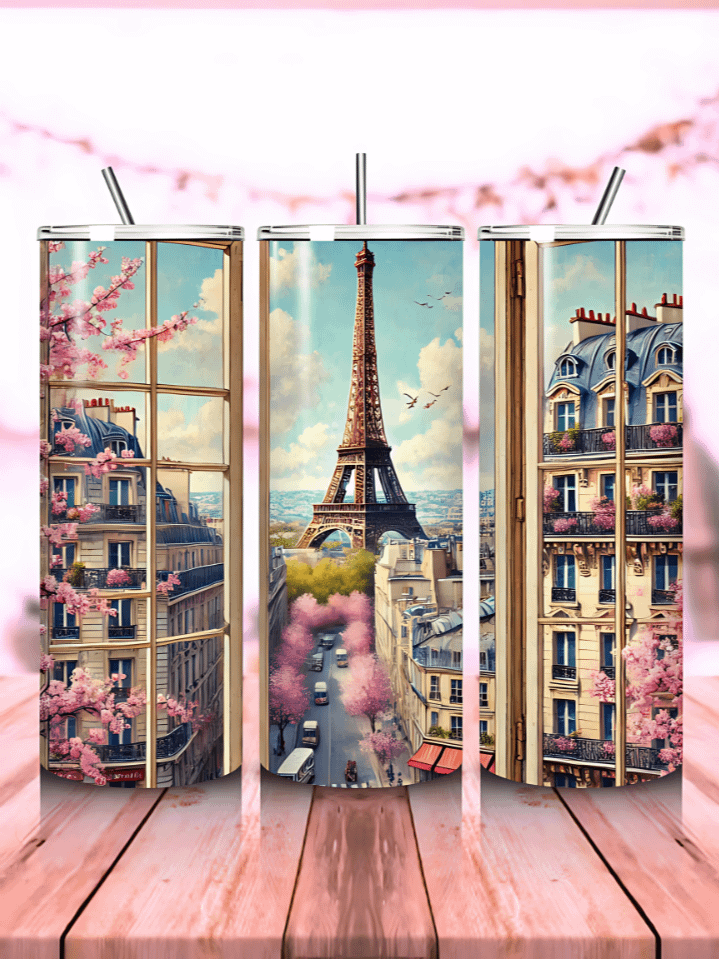 Pink Eiffel Tower 20oz Skinny Tumbler Wrap – Paris in Spring Sublimation Design – Instant PNG Download – High-Resolution 300 DPI product image (1)