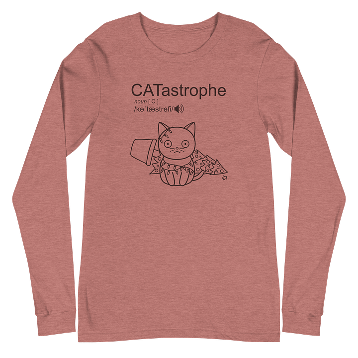 CATastrophe Unisex Long Sleeve Tee, Cat with Christmas Tree, Black Print product image (2)