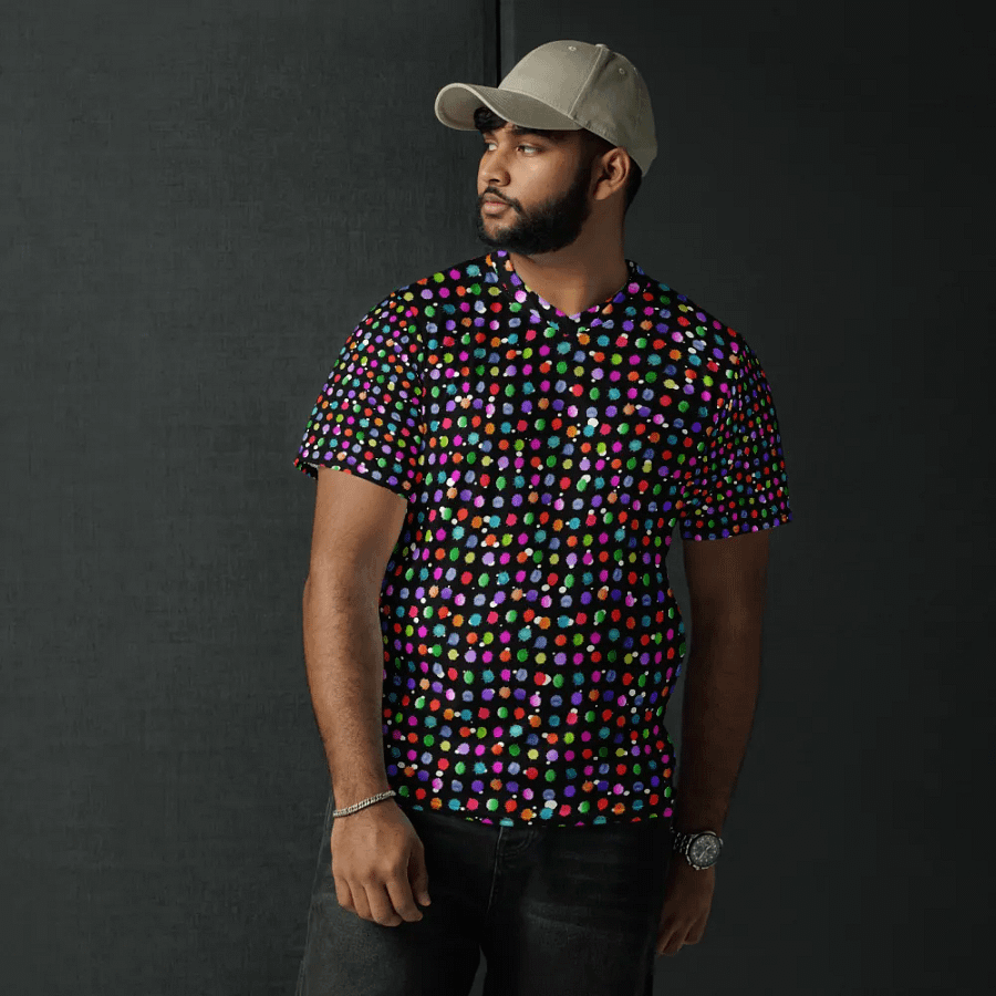 Ladies all over print t shirt black with watercolor dots design. Ideal for casual as well as evening wear product image (6)