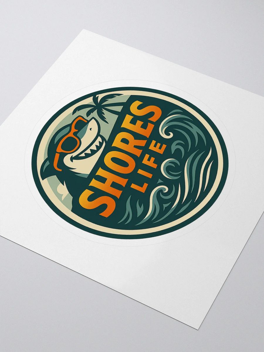 Shores Life Shark Sticker – Cool Beach Logo with Sunglasses & Waves | 4" x 4" Decal product image (3)