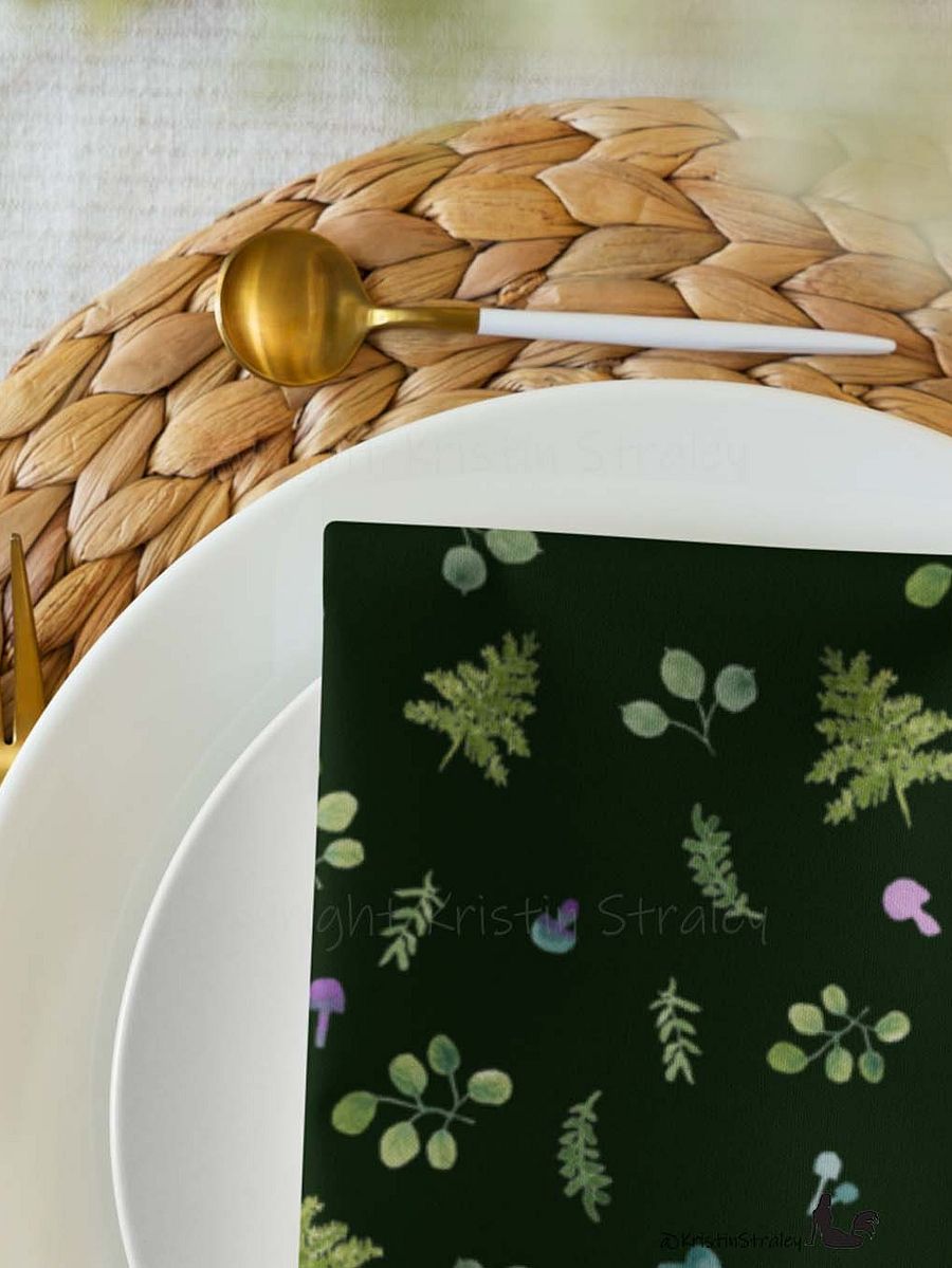 Woodland Ferns & Mushrooms on Dark Green Cloth Napkin Set of 4 product image (5)