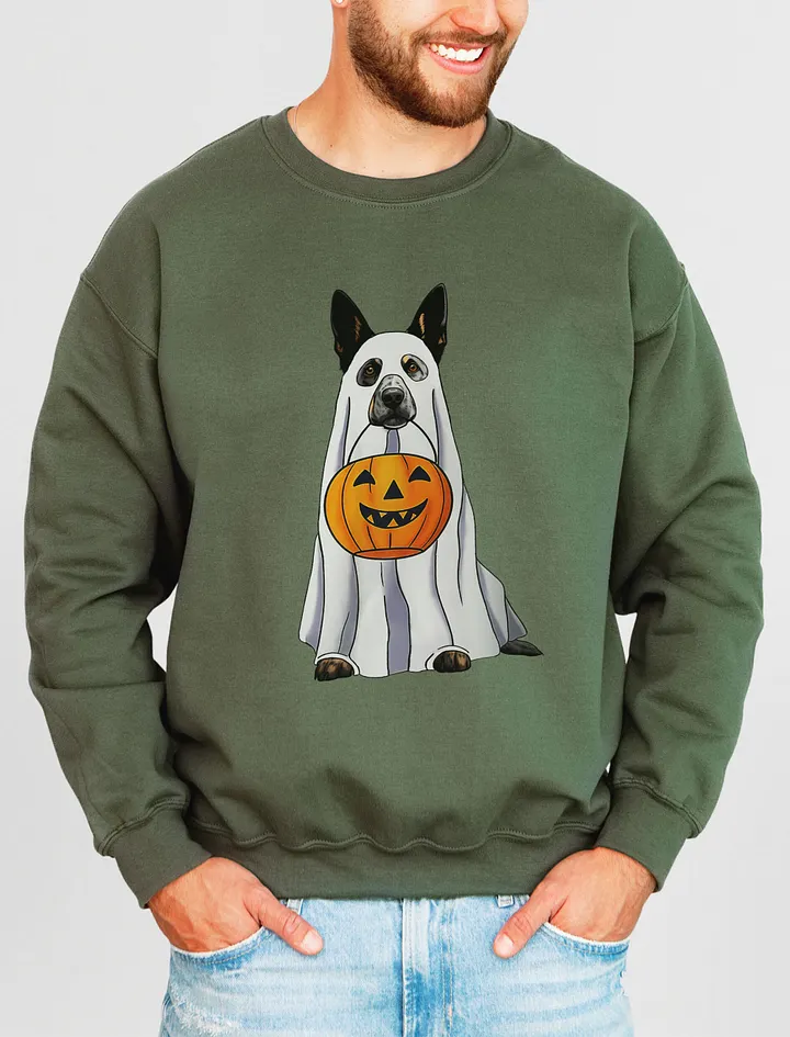 Australian Cattle Dog Halloween Sweatshirt | Funny Halloween Blue Heeler Wearing a Ghost Costume with Pumpkin Basket product image (19)