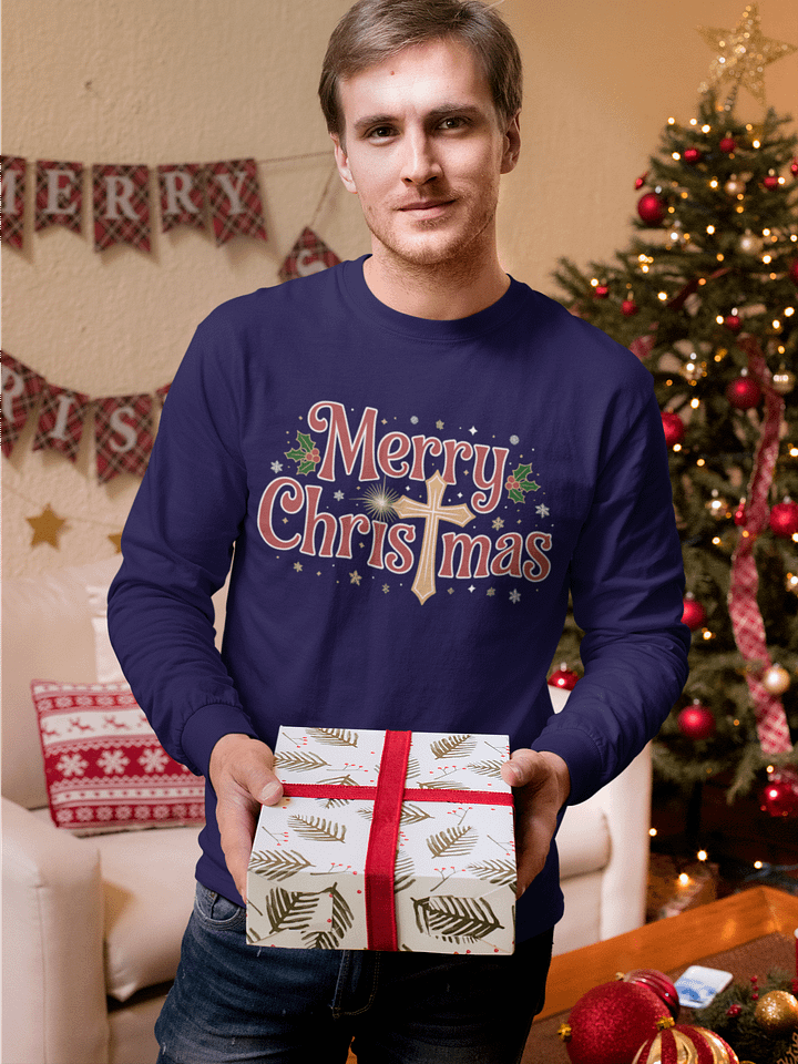Christian Christmas Long Sleeve Shirt Merry Christmas with a Cross product image (2)