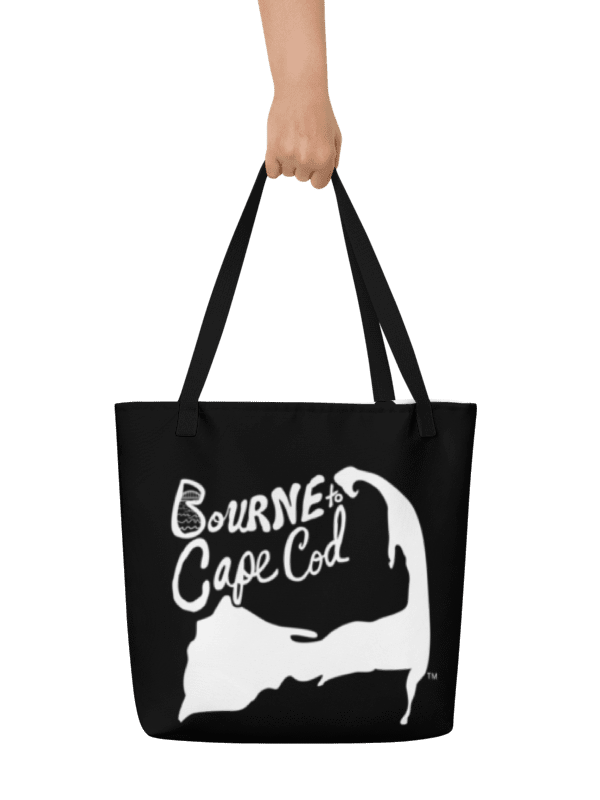 BOURNE to Cape Cod™ | Large Tote Bag with Pocket | Coastal Classic | All-Over Logo Print | White Logo on Black product image (2)