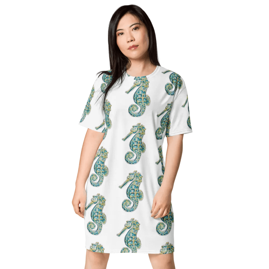 Women's | Ocean Majesty | Painted Seahorse | T-Shirt Dress | Coastal Oversized Dress | Ocean-Inspired Casual Style | White Background product image (1)