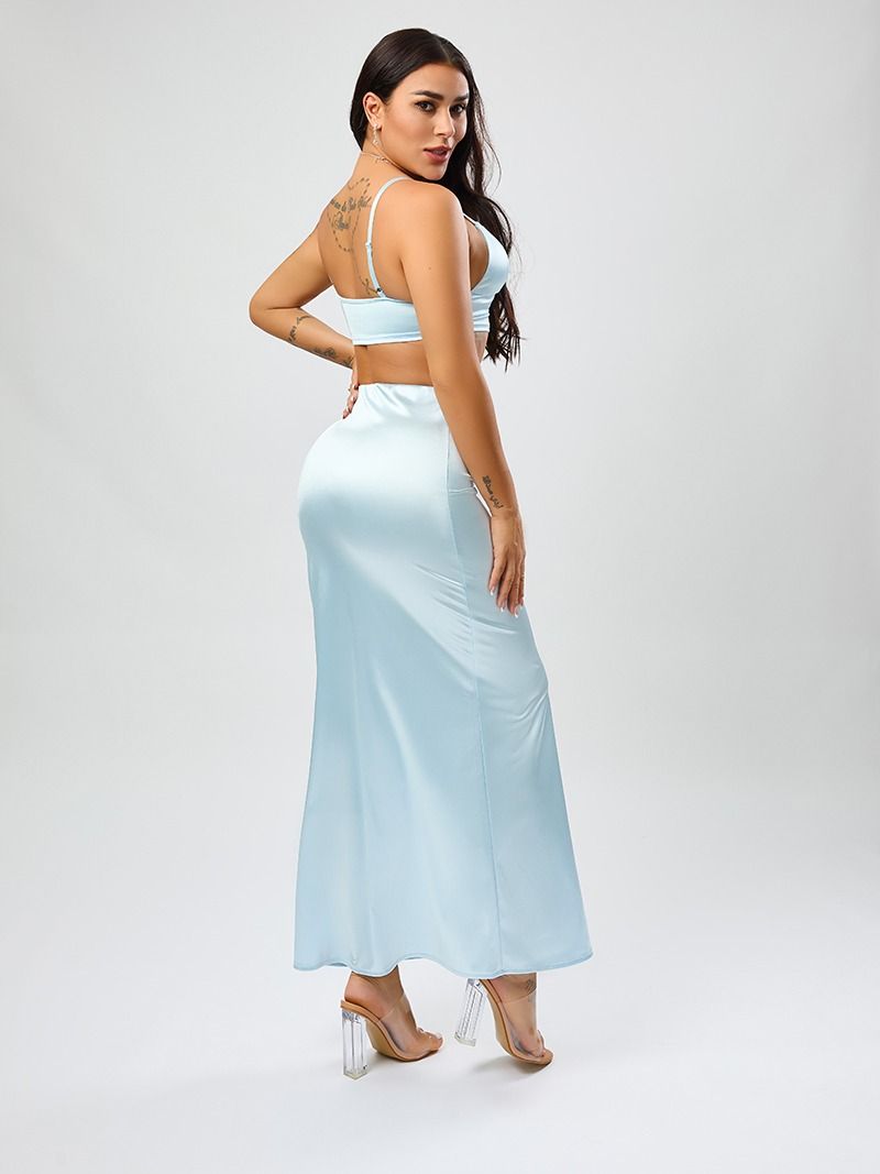 Wholesale high quality casual slight stretch solid color satin high waist maxi skirt product image (2)