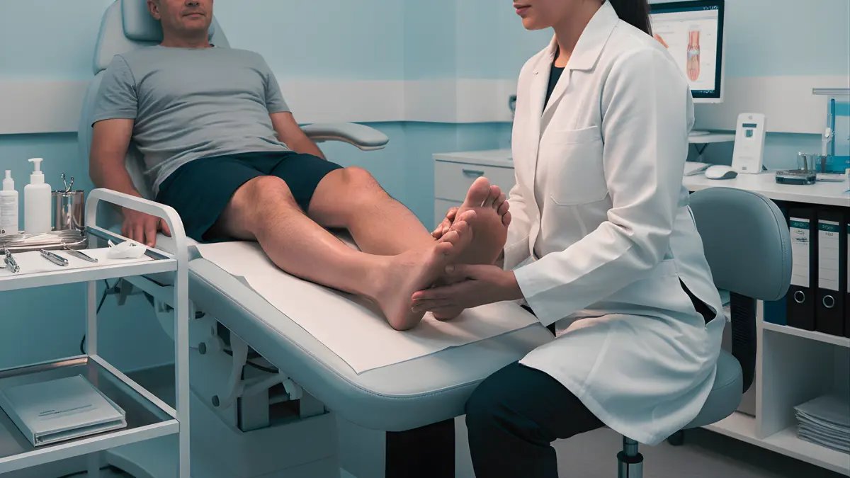 Close-up image of a man sitting and massaging the arch and heel of his foot with both hands, indicating pain or discomfort, likely due to plantar fasciitis, heel pain, or foot strain. Suitable visual for topics on foot pain relief, self-massage techniques, and immediate care.