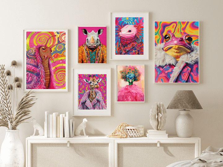 Maximalist Animal Fashion Art DIGITAL Print Set of 6 ~ Frog, Giraffe, Axolotl, Snail, Rhino, Peacock ~ product image (1)
