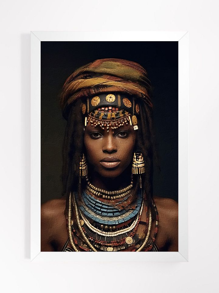 African Woman in Traditional Head Dress, Bronze & Blue Stone Jewelry Poster Print, Framed product image (1)