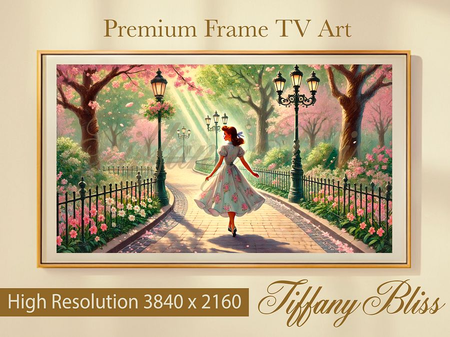 Spring Samsung Frame TV Art, Walk in the Park Painting, Cherry Blossoms, Retro, Vintage Style, Digital Download product image (1)