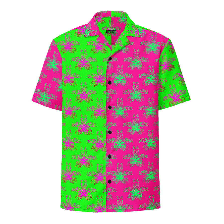 Stoner Circus Cannabis Leaf Unisex Button Shirt, Summertime Twisted Budz Neon Green Hot Pink Pothead Clothing, Ganja Weed Weirdo 420 Fashion product image (1)