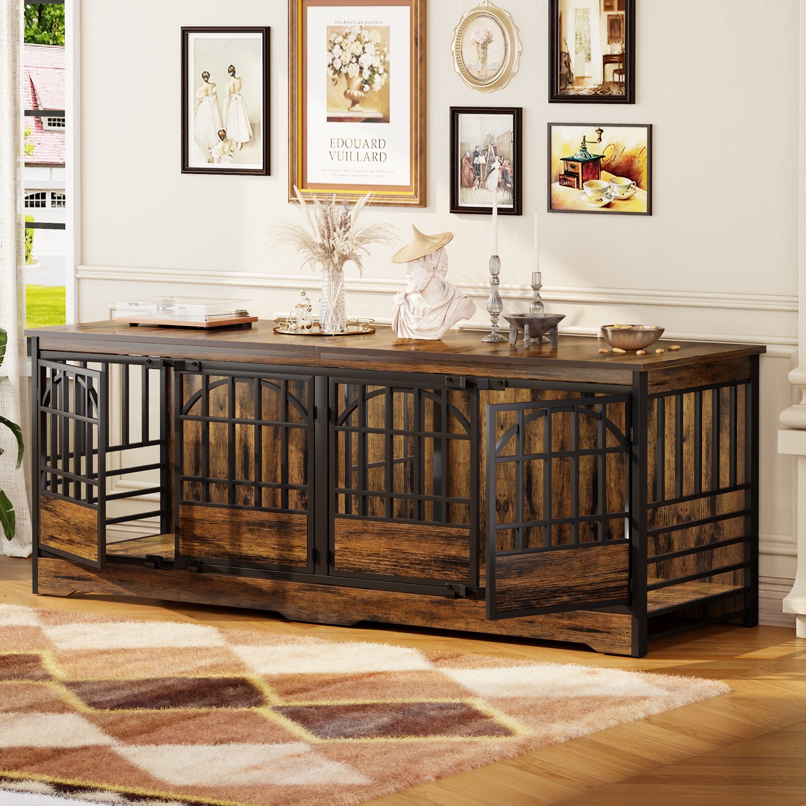 86 Inch Double Dog Crate Furniture for 2 Large Dogs, Decorative Dog Kennel Indoor TV Stand, Heavy Duty Wooden Dog Cage for Large Medium Dogs Sized Dog Pet House with Divider (Brown) product image (7)