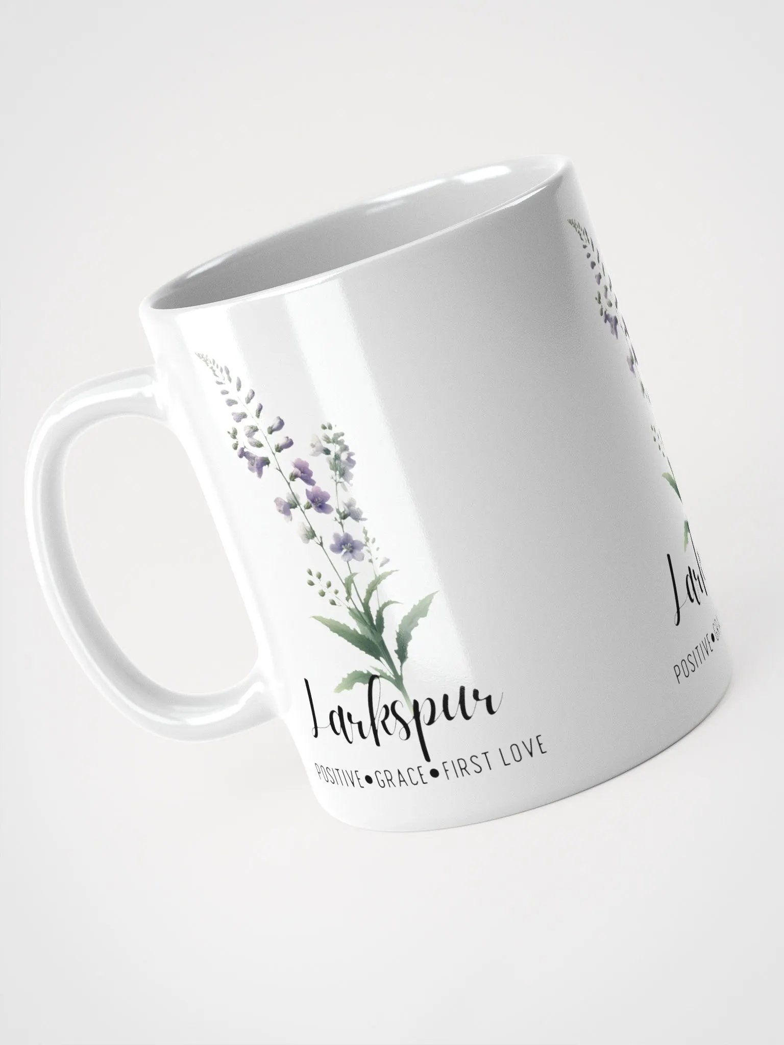 Larkspur Ceramic White Mug: Positive, Grace, First Love, July Birth Month Flower product image (5)