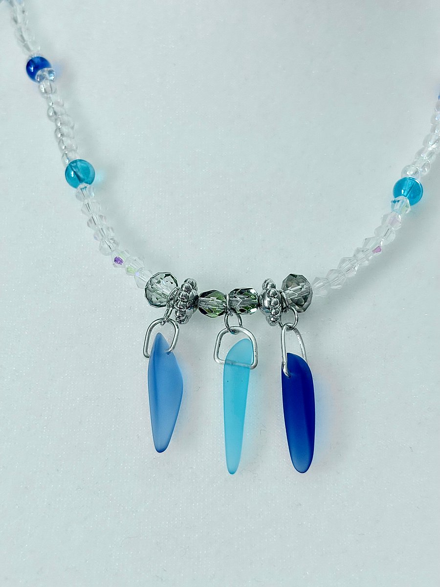 Tri-Sea Glass Pendant Necklace | Coastal Blues & Glass Beads | Handmade Coastal Charm Jewelry by Monique Faella Designs™ | MFD-00034 product image (3)