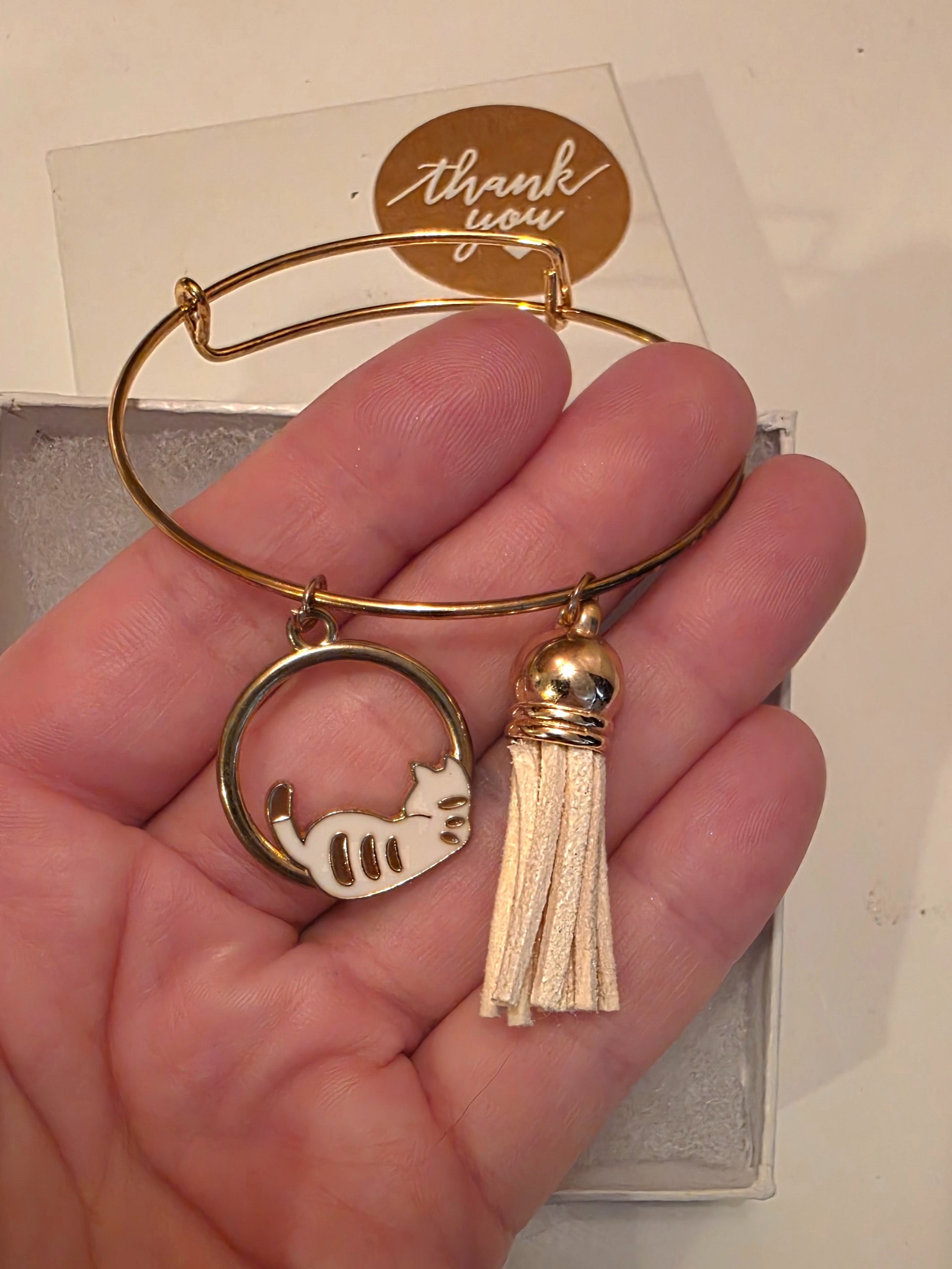 Lounging Cat Bangle Bracelet with Suede Tassel product image (2)