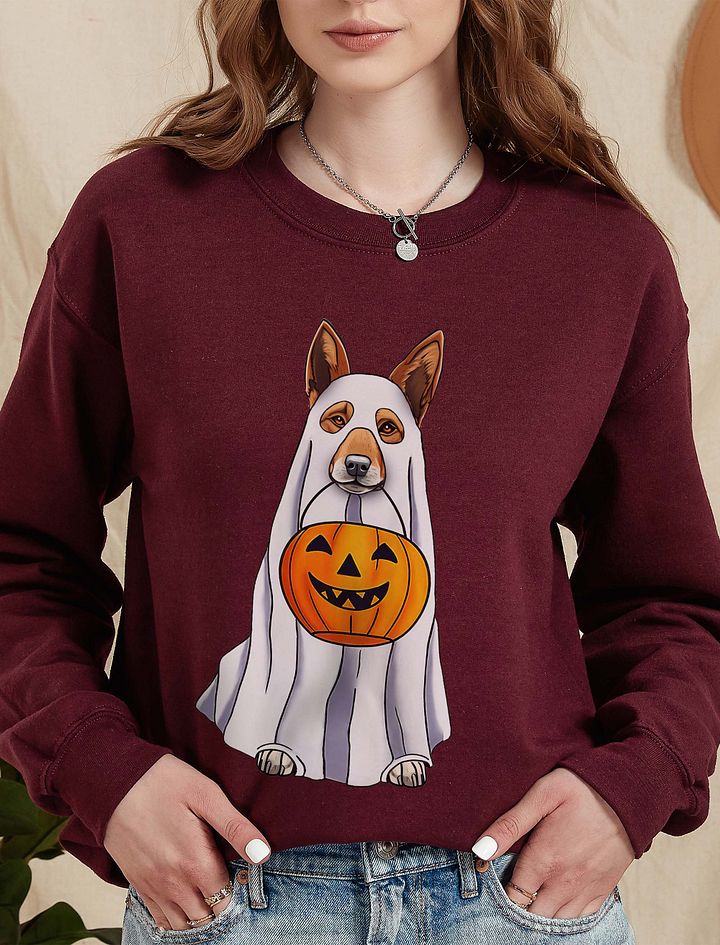 Australian Cattle Dog Halloween Sweatshirt | Funny Halloween Red Heeler Wearing a Ghost Costume with Pumpkin Basket product image (14)