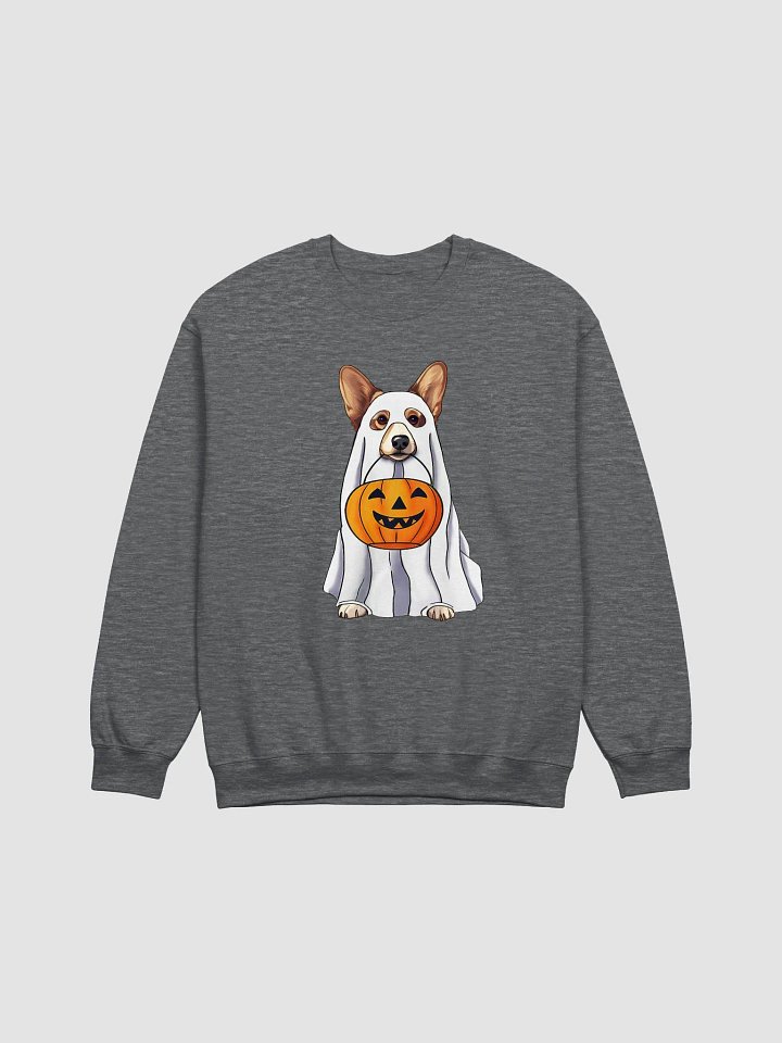 Welsh Corgi Halloween Sweatshirt | Funny Fall & Halloween Corgi Wearing a Ghost Costume with Pumpkin Basket product image (1)