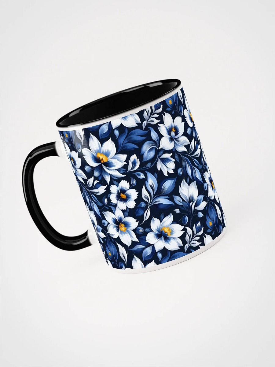 Coffee Mug with Color Inside - Floral Pattern in Blue and White on Dark Blue Background product image (2)
