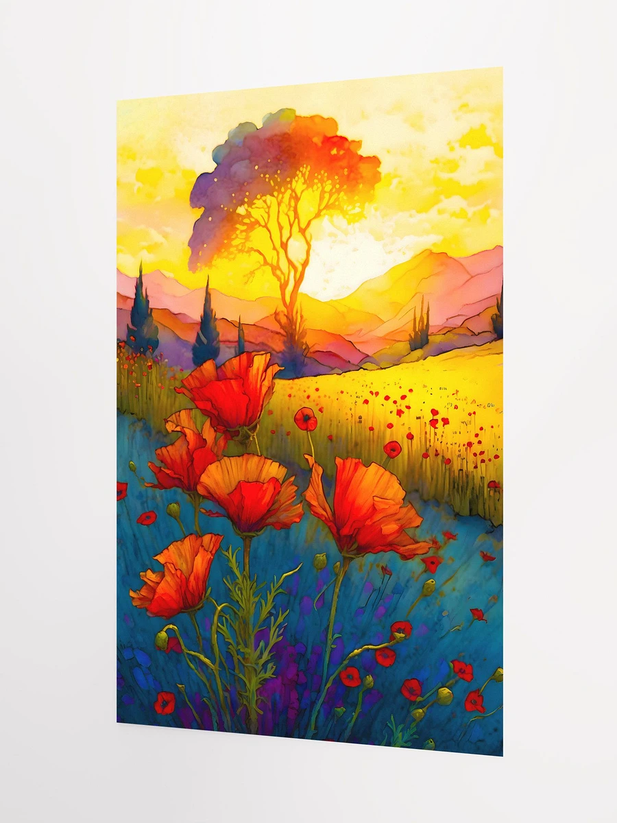 Red Poppies Blooming in Colorful Meadow at Sunset Watercolor Art Matte Poster product image (5)