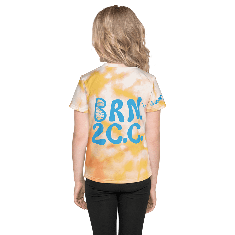Girls' | Little Kids T-Shirt | BOURNE to Cape Cod™ | Front & Sleeve Logo | BRN.2C.C.™ Back Graphic | Vibrant Coastal Tee for Kids | Blue Logo on Orange Tie-Dye product image (2)