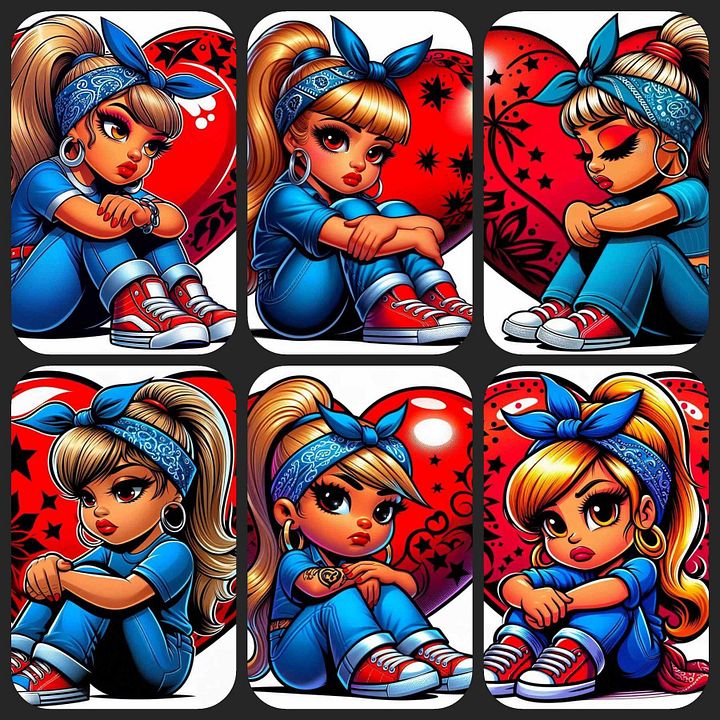 12 Cute Chicana Girl Clipart with Bandana, Red Heart Background, Digital Download, Chola Style Art, Cartoon Character Illustration product image (2)