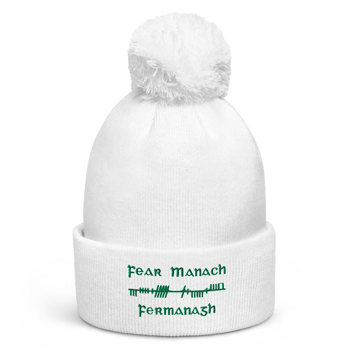 Fermanagh/Fear Manach Orthodox style Ogham, white with green, embroidered Pom-Pom Beanie product image (1)