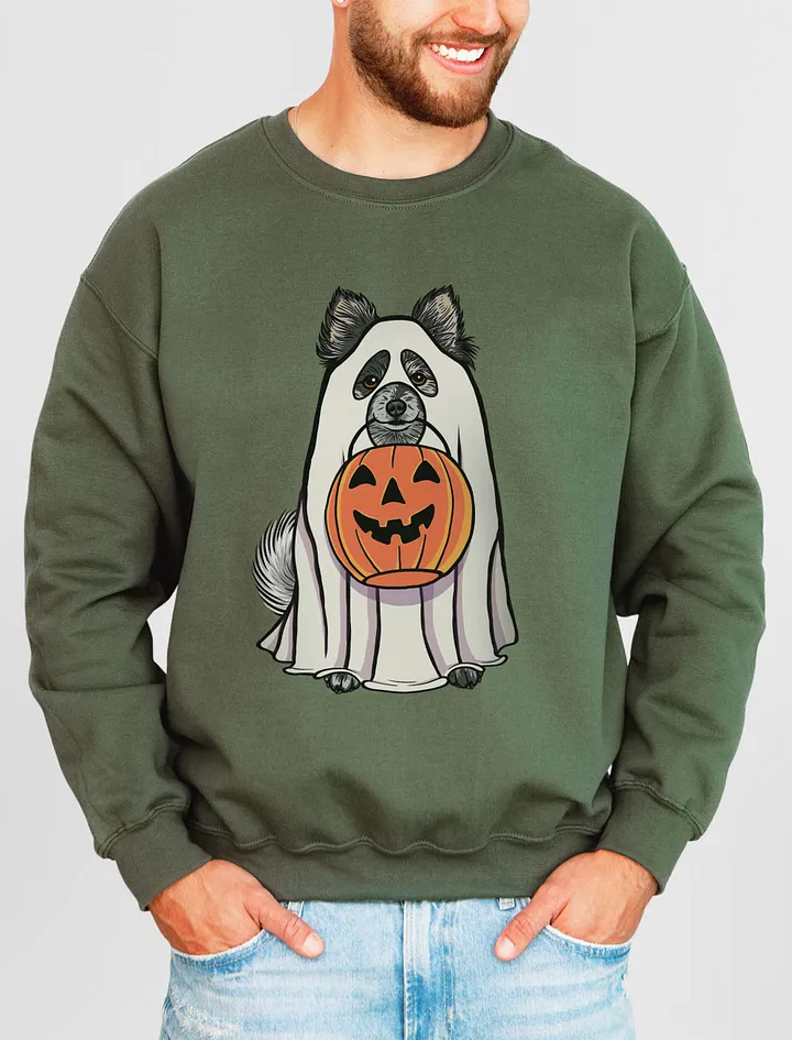 Funny Halloween Pomeranian(Blue Merle) Sweatshirt | Funny Pomeranian Wearing a Ghost Costume and Holding a Pumpkin Basket product image (11)