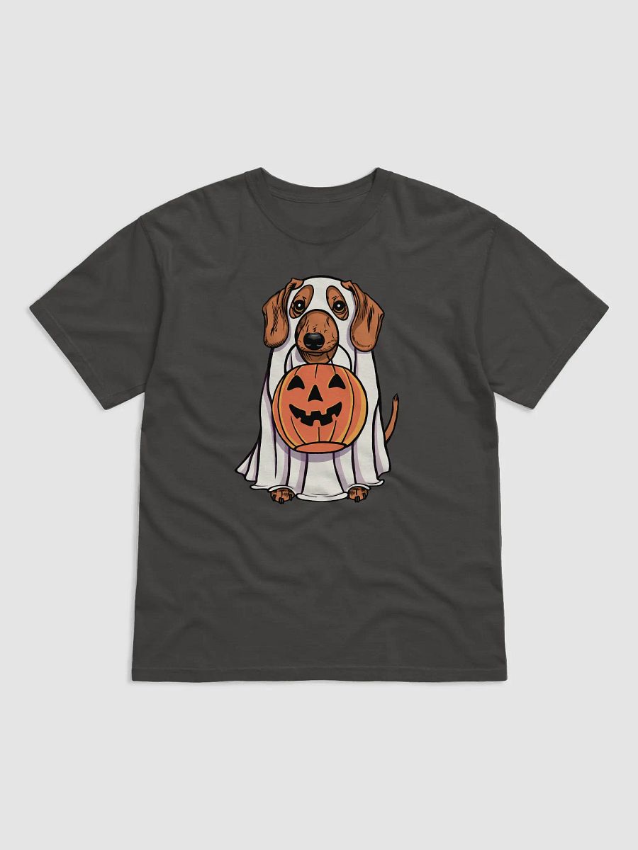 Funny Halloween Dachshund(Tan) T-Shirt | Funny Doxie/Wiener Wearing a Ghost Costume and Holding a Pumpkin Basket product image (18)